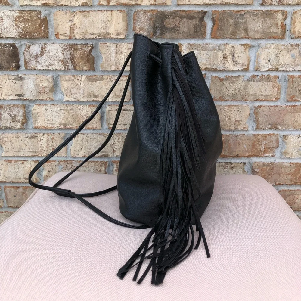 Victoria's Secret Black Fringe Drawstring Faux Leather Backpack